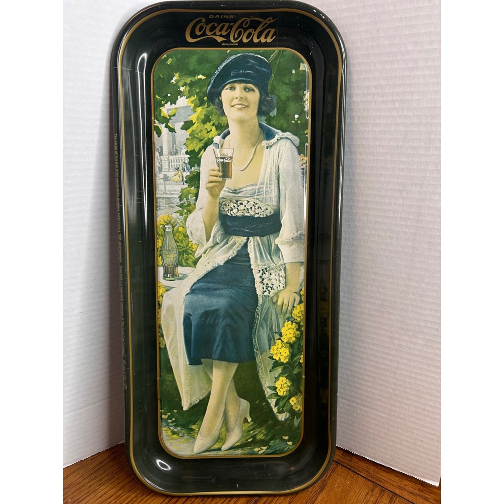 Vintage Coca-Cola Metal Serving Tray 1921 Ad Reproduction 19x8.5 Black Gold